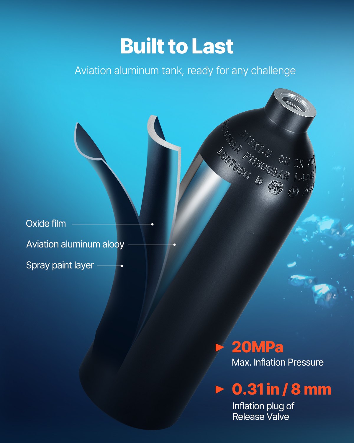 Scuba Tank, 1L Portable Diving Tank, Diving Oxygen Cylinder Support 15-20 Minutes Underwater Breathing, 98.43 ft Diving Depth, Refillable Snorkel Air Tank with Pump for Underwater Exploration