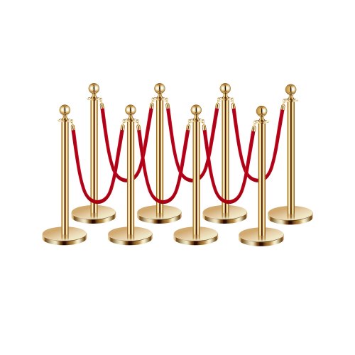 Stanchion Post, 8 Pcs Crowd Control Barrier Set with 6 Red Velvet Ropes, 5 ft Stainless Steel Gold Stanchion Post Queue with Sand Injection Hollow Base for Theater, Party, Wedding, Exhibition