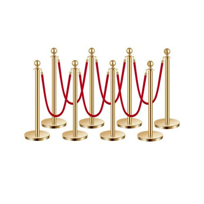 Stanchion Post, 8 Pcs Crowd Control Barrier Set with 6 Red Velvet Ropes, 5 ft Stainless Steel Gold Stanchion Post Queue with Sand Injection Hollow Base for Theater, Party, Wedding, Exhibition