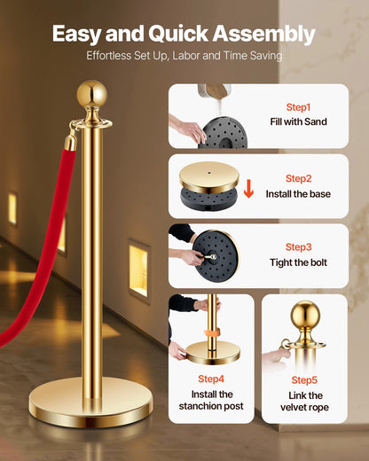 Stanchion Post, 8 Pcs Crowd Control Barrier Set with 6 Red Velvet Ropes, 5 ft Stainless Steel Gold Stanchion Post Queue with Sand Injection Hollow Base for Theater, Party, Wedding, Exhibition