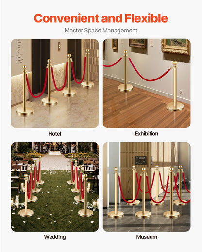 Stanchion Post, 8 Pcs Crowd Control Barrier Set with 6 Red Velvet Ropes, 5 ft Stainless Steel Gold Stanchion Post Queue with Sand Injection Hollow Base for Theater, Party, Wedding, Exhibition