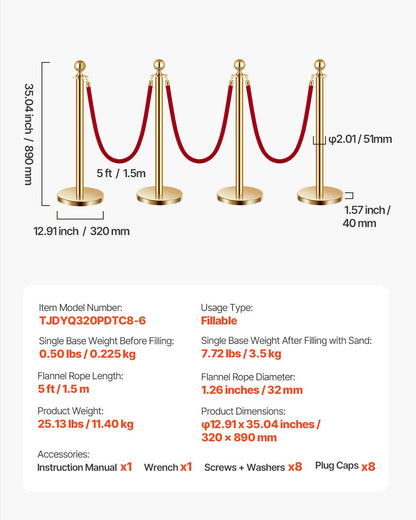 Stanchion Post, 8 Pcs Crowd Control Barrier Set with 6 Red Velvet Ropes, 5 ft Stainless Steel Gold Stanchion Post Queue with Sand Injection Hollow Base for Theater, Party, Wedding, Exhibition