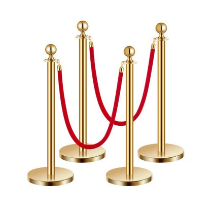Stanchion Post, 4 Pcs Crowd Control Barrier Set with 2 Red Velvet Ropes, 5 ft Stainless Steel Gold Stanchion Post Queue with Sand Injection Hollow Base for Theater, Party, Wedding, Exhibition