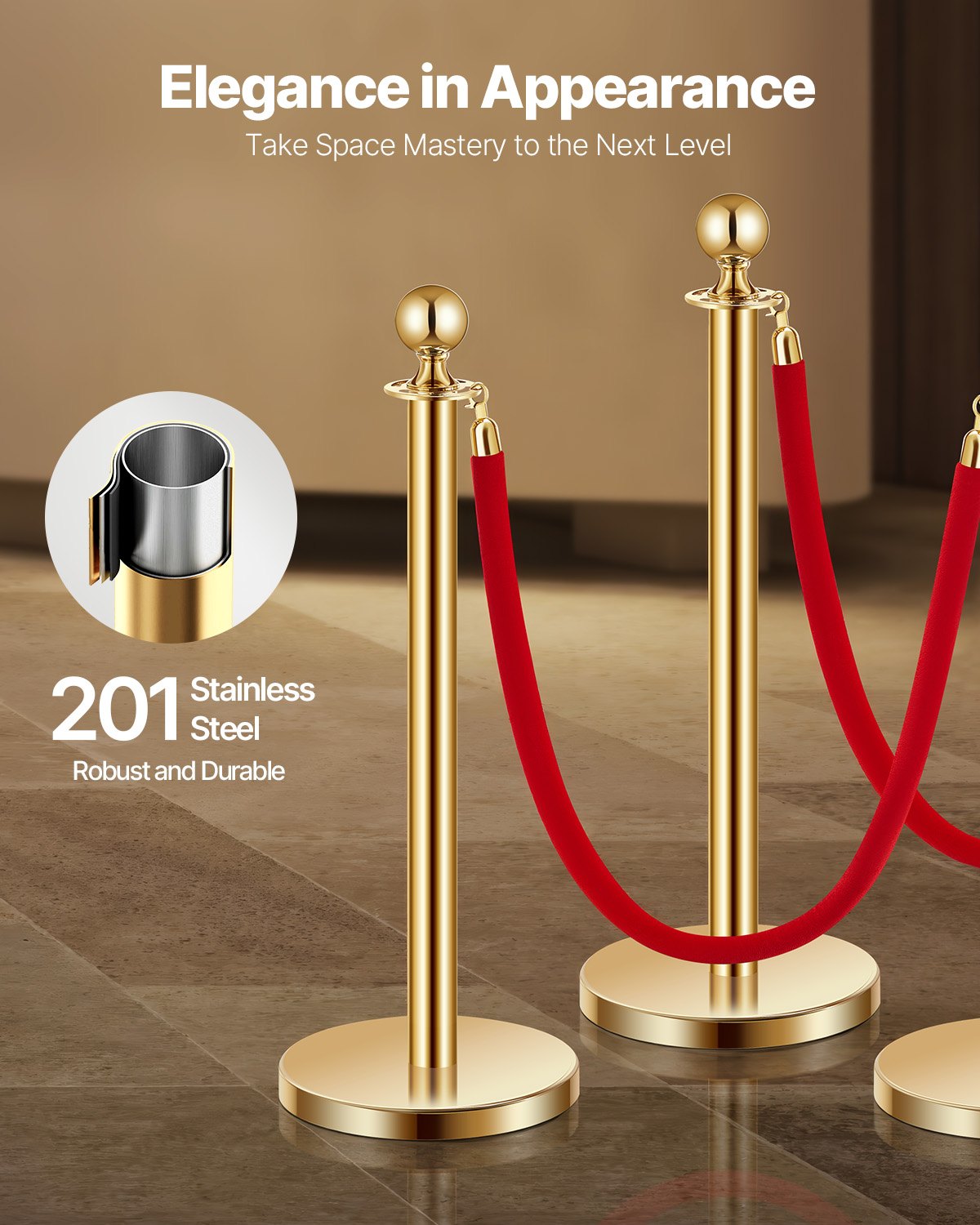 Stanchion Post, 4 Pcs Crowd Control Barrier Set with 2 Red Velvet Ropes, 5 ft Stainless Steel Gold Stanchion Post Queue with Sand Injection Hollow Base for Theater, Party, Wedding, Exhibition