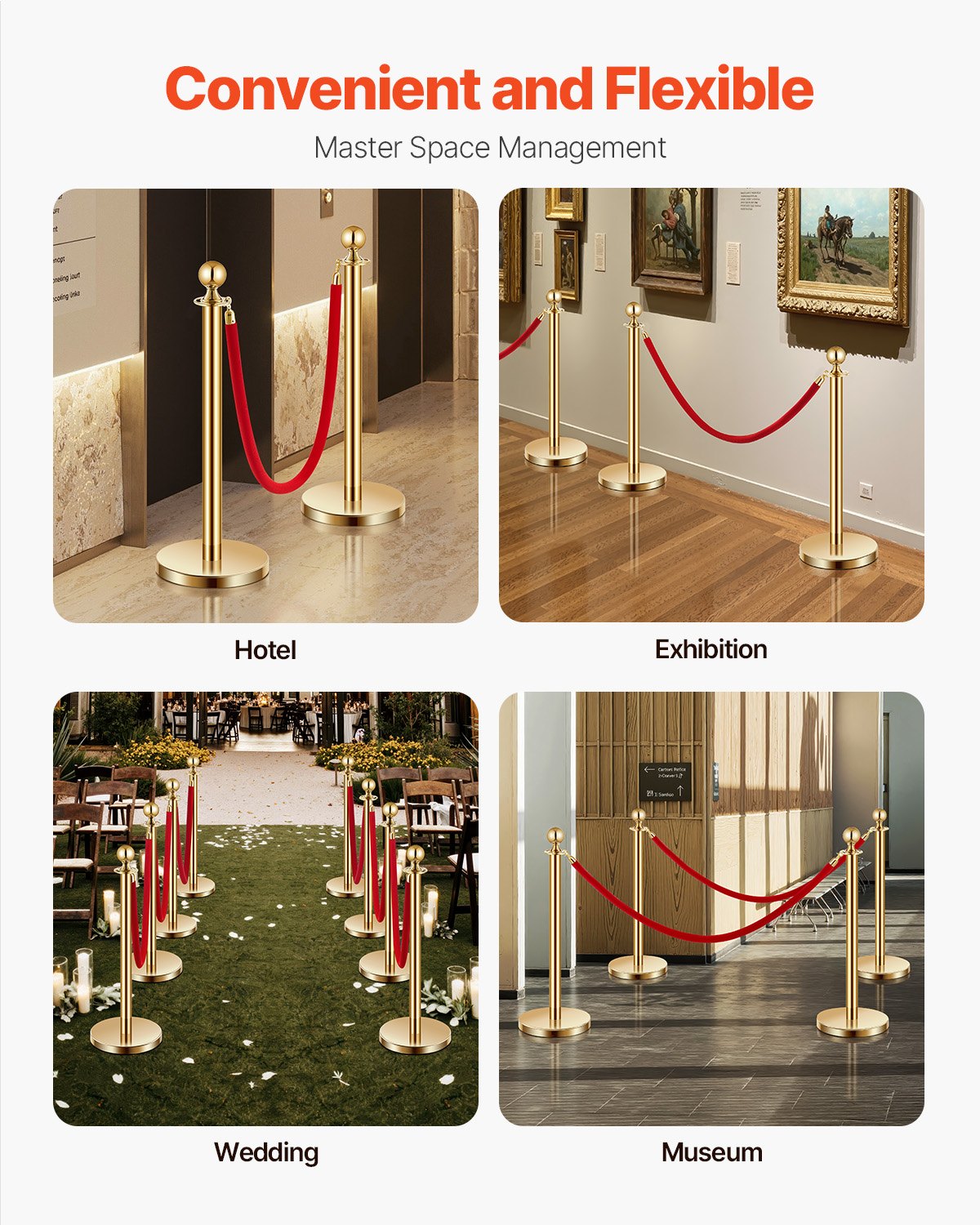 Stanchion Post, 4 Pcs Crowd Control Barrier Set with 2 Red Velvet Ropes, 5 ft Stainless Steel Gold Stanchion Post Queue with Sand Injection Hollow Base for Theater, Party, Wedding, Exhibition