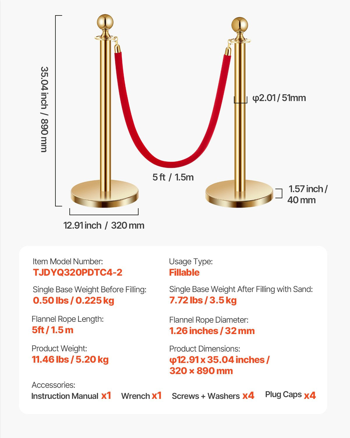 Stanchion Post, 4 Pcs Crowd Control Barrier Set with 2 Red Velvet Ropes, 5 ft Stainless Steel Gold Stanchion Post Queue with Sand Injection Hollow Base for Theater, Party, Wedding, Exhibition