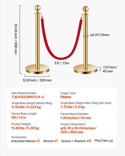 Stanchion Post, 4 Pcs Crowd Control Barrier Set with 2 Red Velvet Ropes, 5 ft Stainless Steel Gold Stanchion Post Queue with Sand Injection Hollow Base for Theater, Party, Wedding, Exhibition