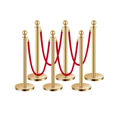 Stanchions and Velvet Ropes 6Pcs, Hollow Base with Stainless Steel Post, 4 Red Velvet Ropes and Posts, Crowd Control Barriers Gold Stanchions, Red Carpet Runner Poles for Party Supplies