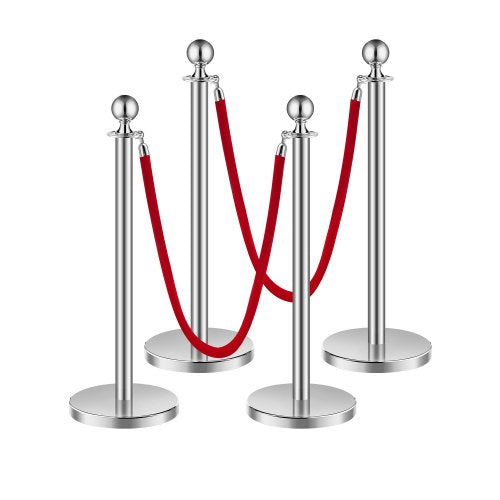 Stanchion Post, 4 Pcs Crowd Control Barrier Set with 2 Red Velvet Ropes, 5 ft Stainless Steel Silver Stanchion Post Queue with Sand Injection Hollow Base for Theater, Party, Wedding, Exhibition