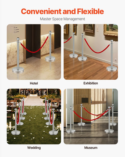 Stanchion Post, 4 Pcs Crowd Control Barrier Set with 2 Red Velvet Ropes, 5 ft Stainless Steel Silver Stanchion Post Queue with Sand Injection Hollow Base for Theater, Party, Wedding, Exhibition