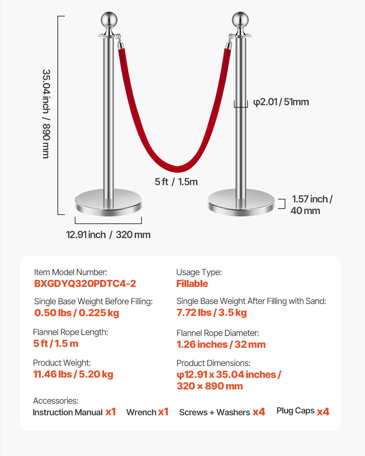 Stanchion Post, 4 Pcs Crowd Control Barrier Set with 2 Red Velvet Ropes, 5 ft Stainless Steel Silver Stanchion Post Queue with Sand Injection Hollow Base for Theater, Party, Wedding, Exhibition