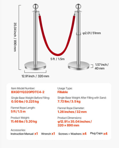 Stanchion Post, 4 Pcs Crowd Control Barrier Set with 2 Red Velvet Ropes, 5 ft Stainless Steel Silver Stanchion Post Queue with Sand Injection Hollow Base for Theater, Party, Wedding, Exhibition