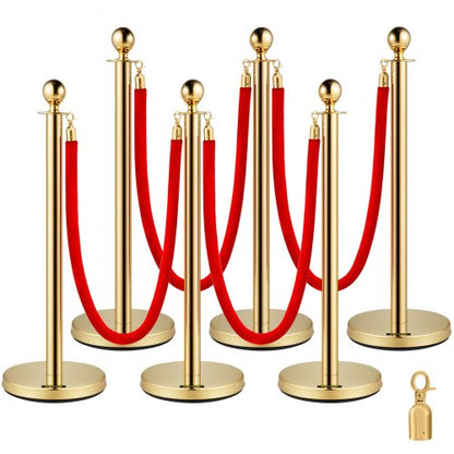 Stanchion Post with Velvet Rope, 6-Pack Crowd Control Stanchion with 4PCS 5FT Red Velvet Ropes, Stainless Steel Queue Barrier Line Divider with Ball Top for Events, Museums, Parties