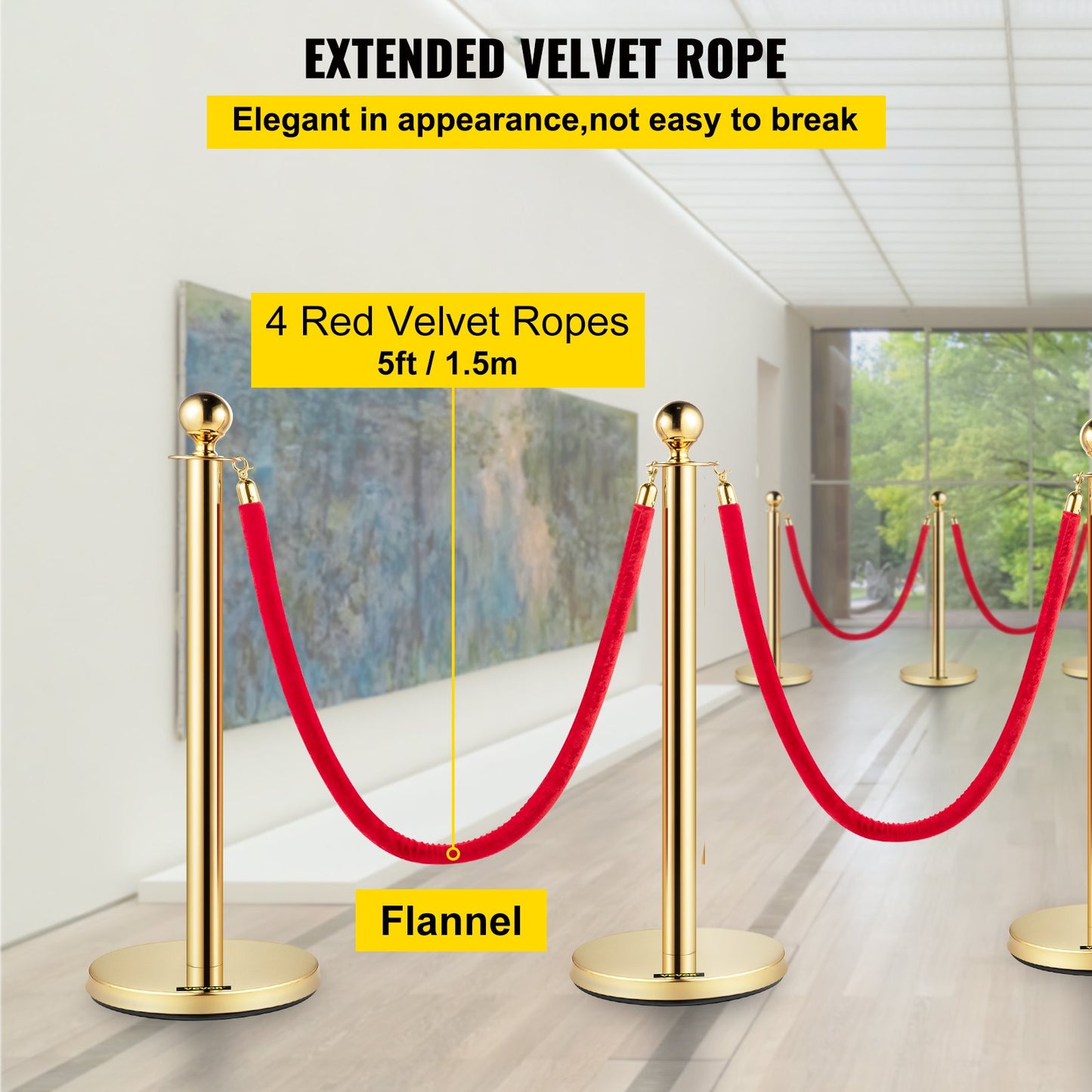Stanchion Post with Velvet Rope, 6-Pack Crowd Control Stanchion with 4PCS 5FT Red Velvet Ropes, Stainless Steel Queue Barrier Line Divider with Ball Top for Events, Museums, Parties