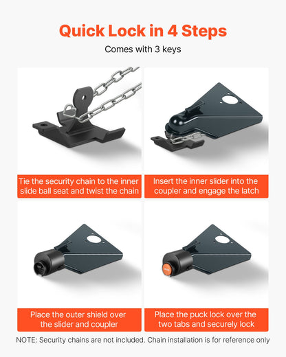 Släpvagnslås, passar 50,6 och 58,6 mm raka kulkopplingar, kraftigt dragkrokslås med 3 nycklar som säkrar säkerhetskedjor, stöldskyddande tunglås för husbil, släpvagn, båt