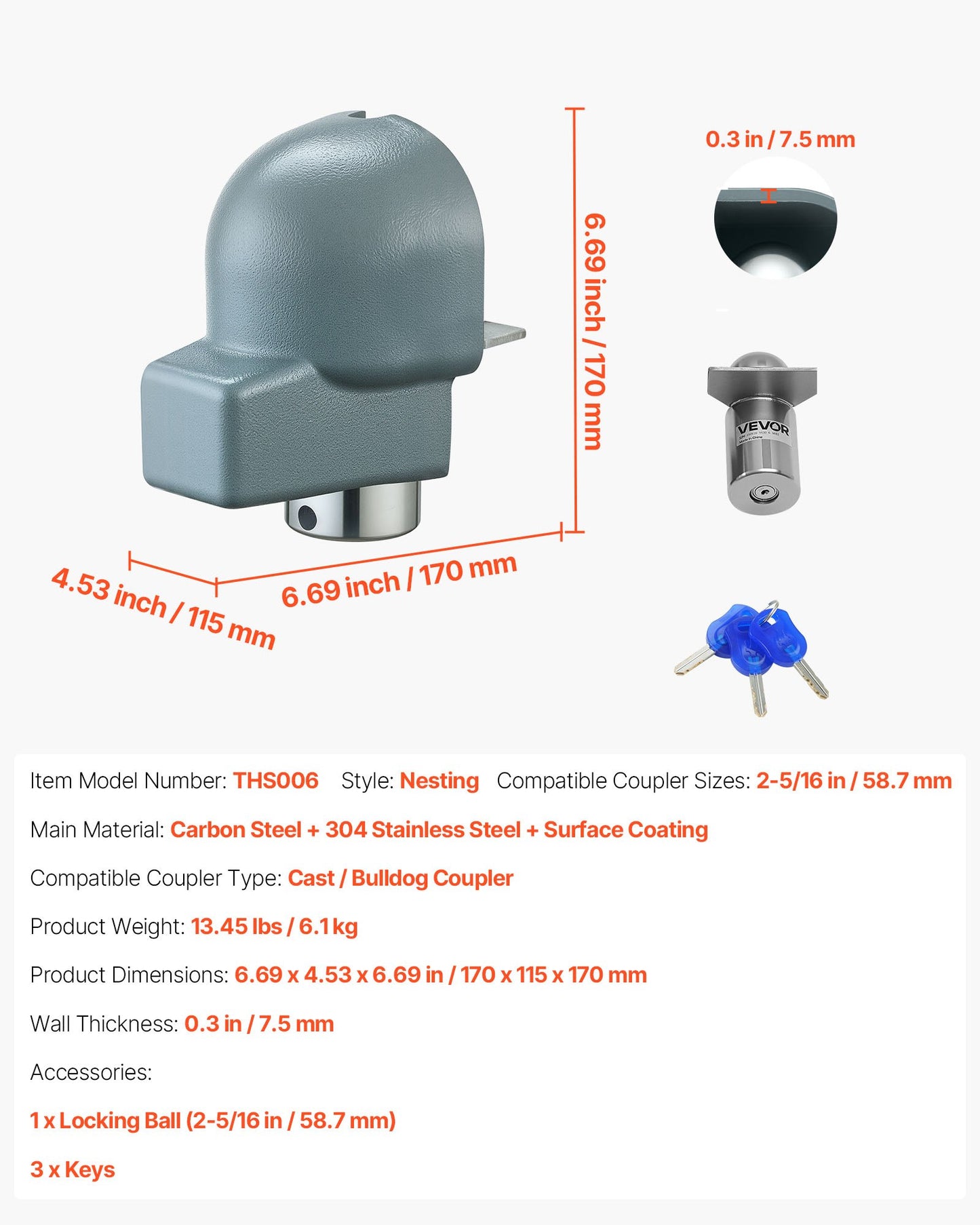 Trailer Coupler Lock, Fits 58.6 mm Cast/Bulldog Trailer Couplers, Heavy Duty Trailer Hitch Lock with 3 Keys, Corrision-resistant, Anti-Theft Coupler Ball Locks for RV, Trailer, Boat, Black