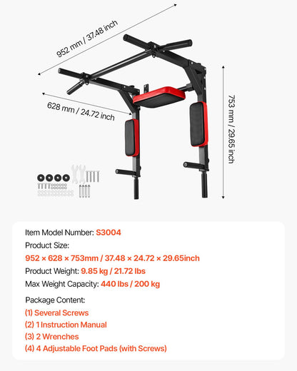 Multifunctional Pull Up Bar, Wall Mounted Chin Up Bar Dip Station for Home Gym, Heavy Duty Steel Upper Body Workout Pull Ups, Power Tower Set Training Equipment Fitness, 440 lbs Weight Capacity