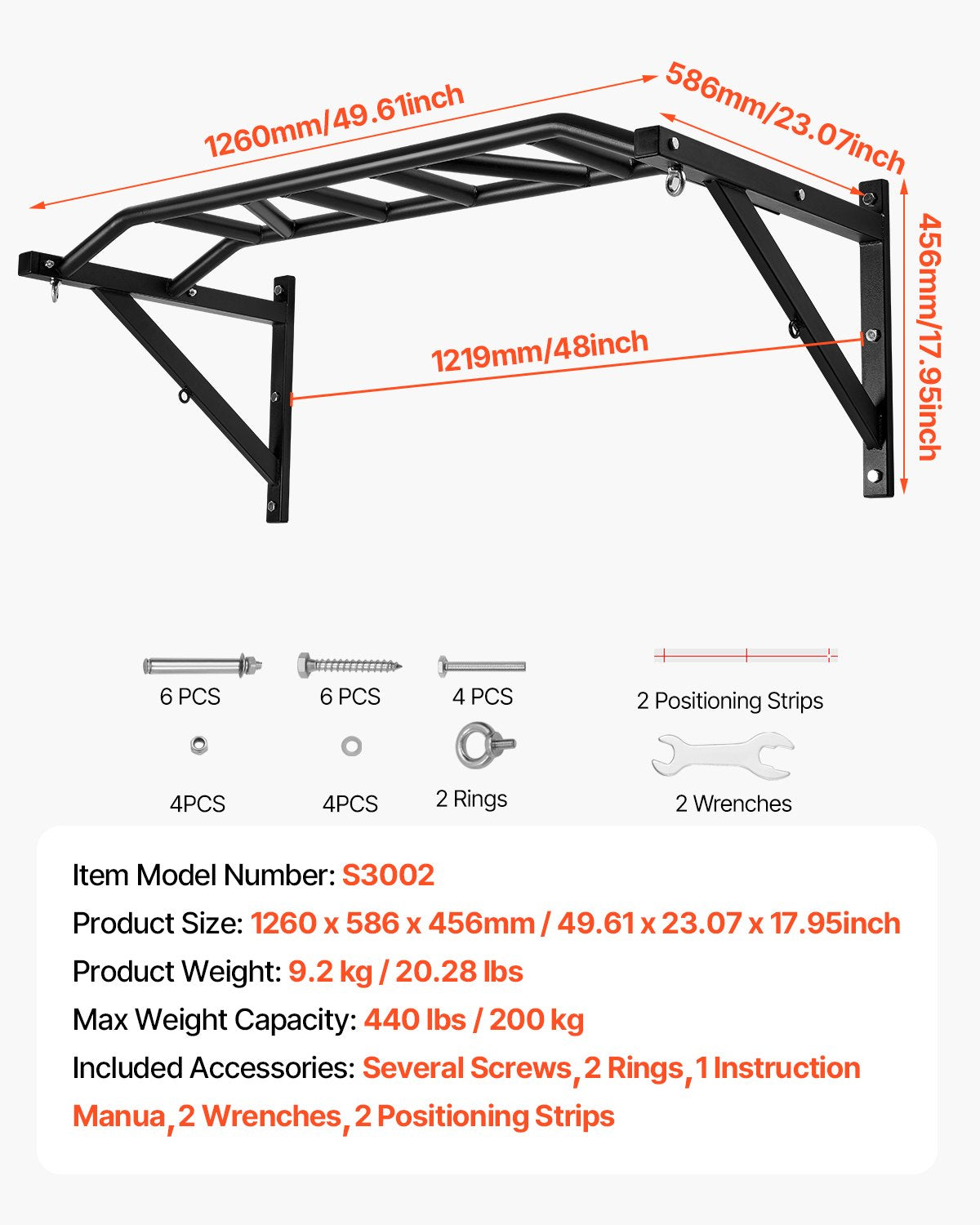 Pull Up Bar, Multi-Grip Wall Mounted Pull Ups, 50 in Width Multifunctional Chin Up Training Station, Heavy Duty Steel Upper Body Workout Bars with Hangers, 440 lbs Weight Capacity, for Home Gym