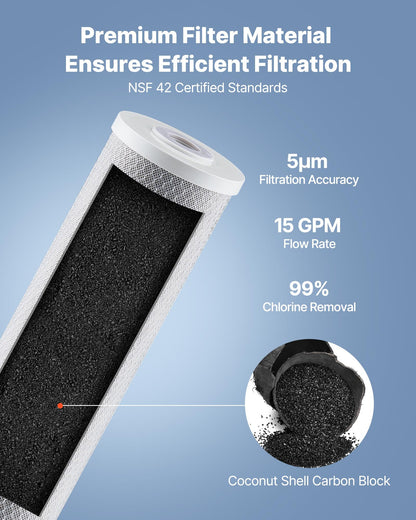 Ersättningsfilter för hela husets vattenfilter, 4,5"x20" (11x51 cm) CTO-kolblock, ersättningsfilter för 3-stegs vattenfiltreringssystem för hela huset, minskar klor, dålig smak och lukt.