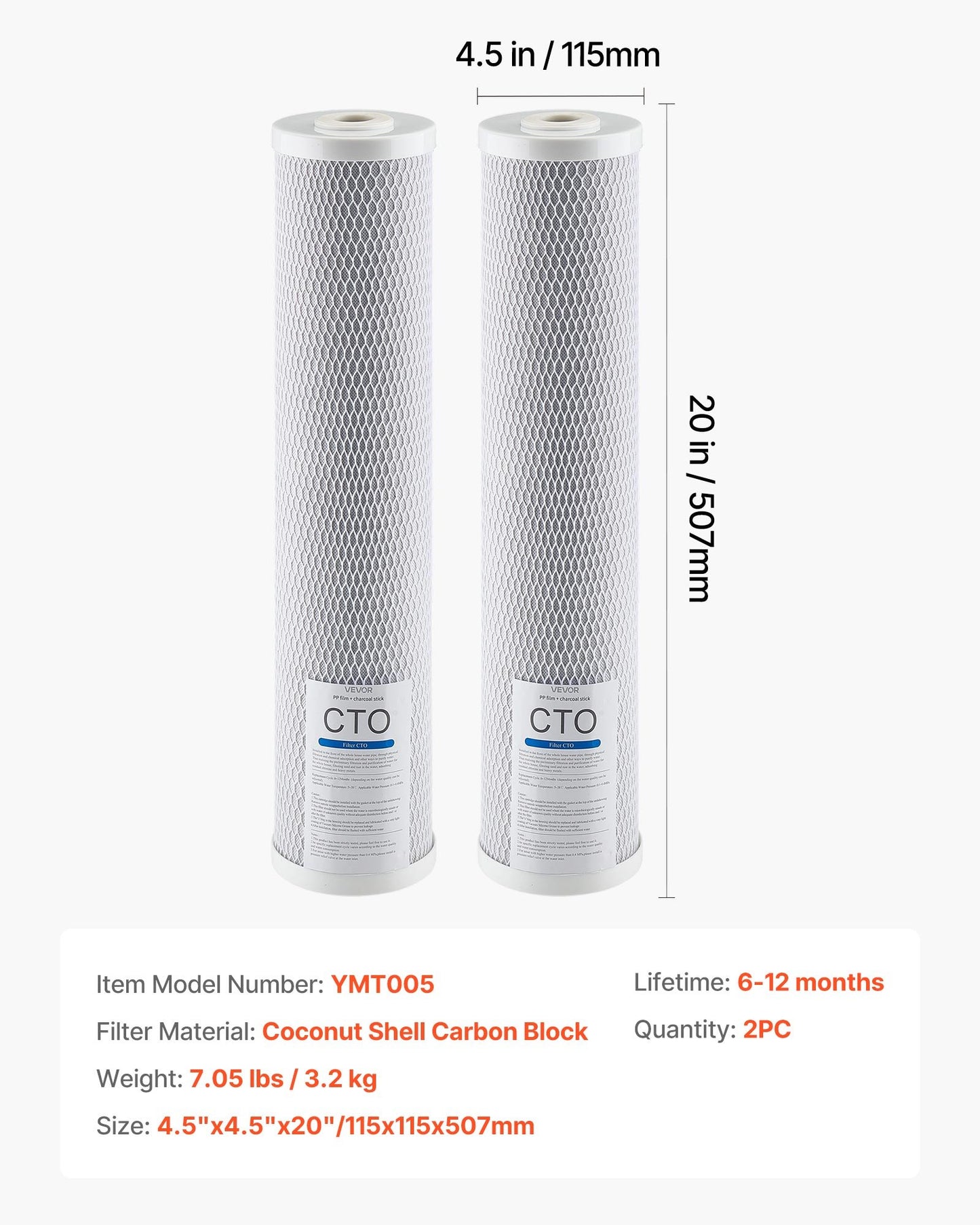 Ersättningsfilter för hela husets vattenfilter, 11 x 51 cm (4,5 x 20 tum) CTO-kolblock, ersättningsfilter för hela hemmets vattenfiltreringssystem, minskar klor, dålig smak, lukt, 2-pack