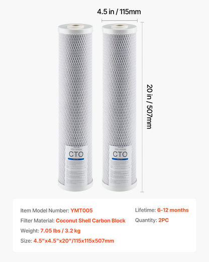 Ersättningsfilter för hela husets vattenfilter, 11 x 51 cm (4,5 x 20 tum) CTO-kolblock, ersättningsfilter för hela hemmets vattenfiltreringssystem, minskar klor, dålig smak, lukt, 2-pack
