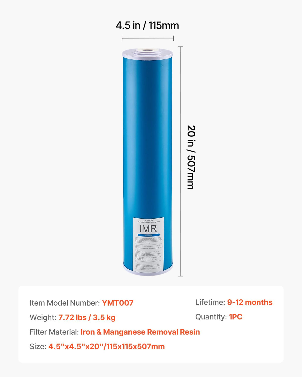 Ersättningsfilter för hela husets vattenfilter, 4,5"x20" (11x51 cm) Järn- och manganreducerande ersättningsfilter för hela hemmets vattenfiltreringssystem, minskar klor, dålig smak och lukt.