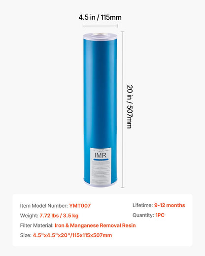 Ersättningsfilter för hela husets vattenfilter, 4,5"x20" (11x51 cm) Järn- och manganreducerande ersättningsfilter för hela hemmets vattenfiltreringssystem, minskar klor, dålig smak och lukt.