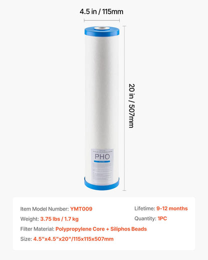 Ersättningspatron för vattenfilter för hela huset, 4,5"x20" (11x51 cm) polyfosfatfilter med kalkavlagringar för hela hemmets filtreringssystem, minskar klor, smak, lukt, förhindrar korrosion