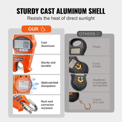 Digital Crane Scale, 660 lbs/300 kg, Industrial Heavy Duty Hanging Scale with Cast Aluminum Case & LCD Screen, Handheld Mini Crane with Hooks for Farm, Hunting, Fishing, Outdoor, Garage (Orange)