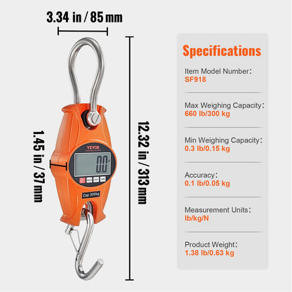 Digital Crane Scale, 660 lbs/300 kg, Industrial Heavy Duty Hanging Scale with Cast Aluminum Case & LCD Screen, Handheld Mini Crane with Hooks for Farm, Hunting, Fishing, Outdoor, Garage (Orange)