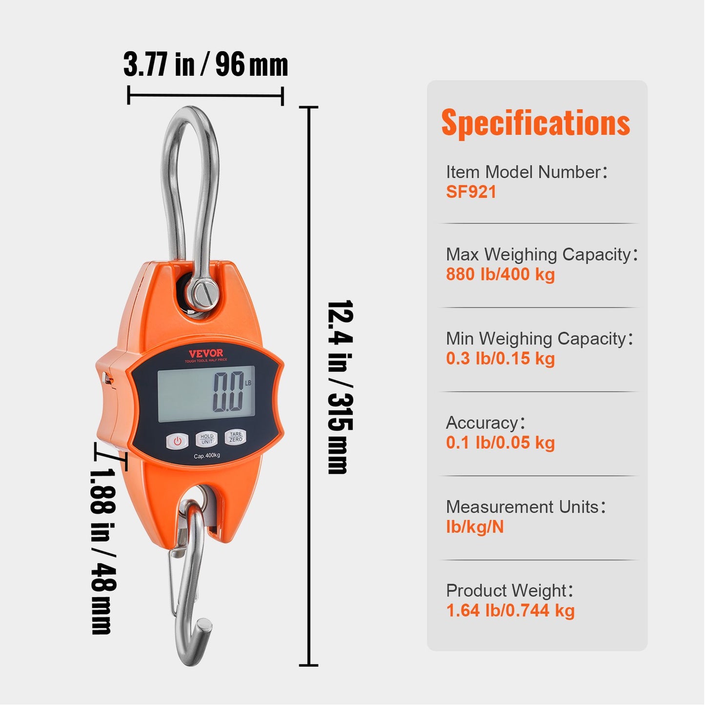 Digital Crane Scale, 880 lbs/400 kg, Industrial Heavy Duty Hanging Scale with Cast Aluminum Case & LCD Screen, Handheld Mini Crane with Hooks for Farm, Hunting, Fishing, Outdoor, Garage (Orange)