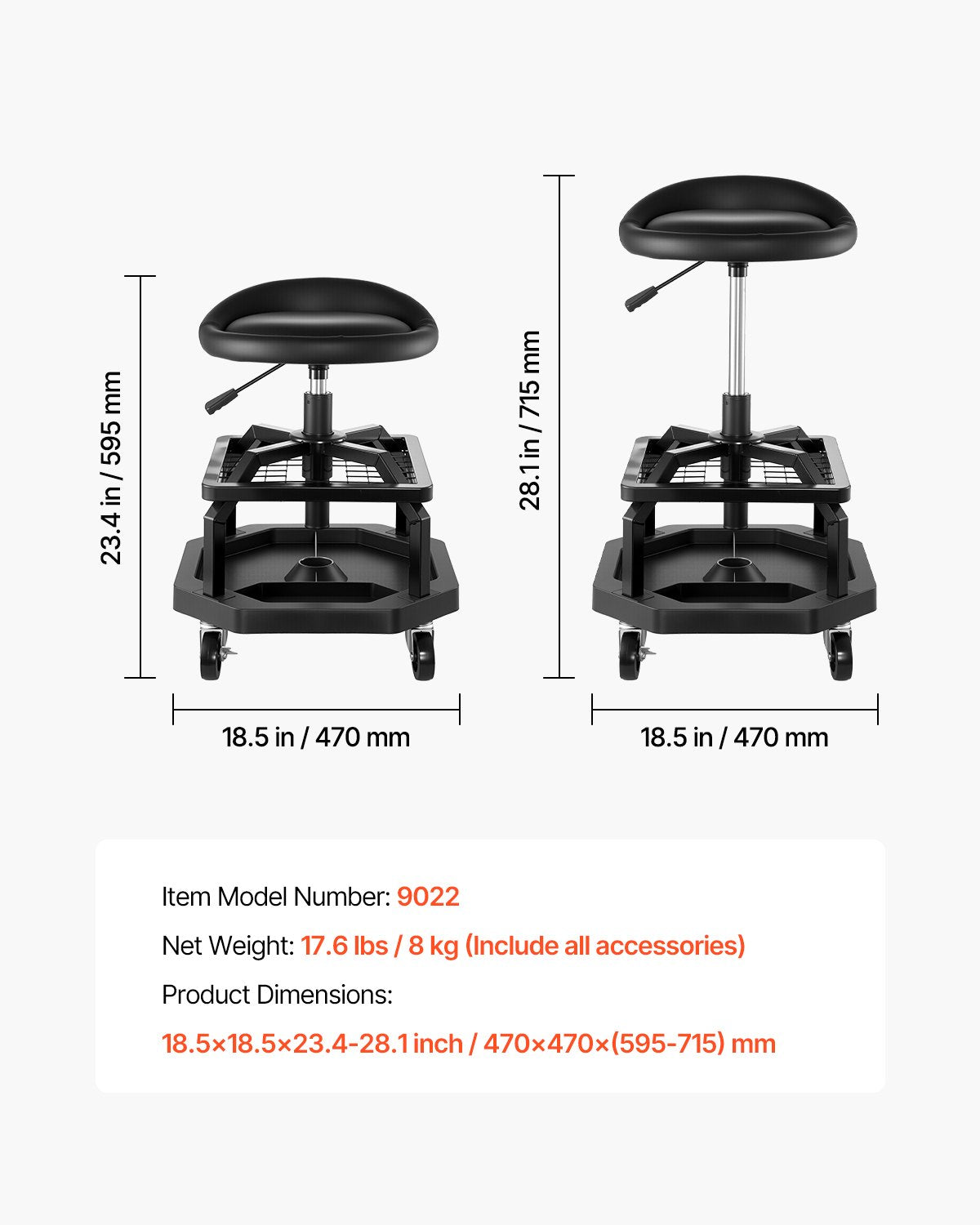 Rolling Shop Stool, Pneumatic Garage Seat/Work Stool with 300 lbs Capacity, Adjustable Height Roller Creeper Seat, 360° Swivel Padded Workshop Stool with Casters, for Garage, Shop & Auto Repair