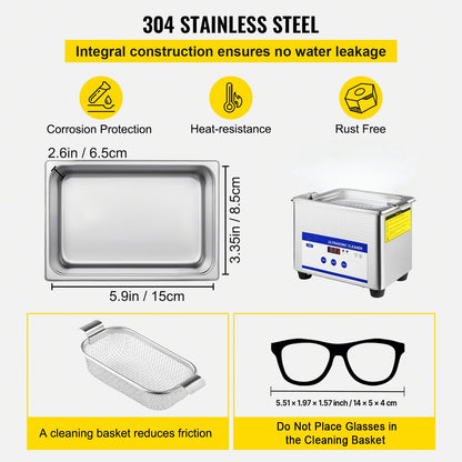 0.8L Ultrasonic Cleaners Digital Heater Timer for Cleaning Jewelry Cleaning Eyeglass 35W Stainless steel for Commercial Personal Home Use