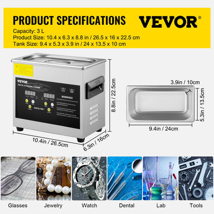 3L Upgraded Ultrasonic Cleaner (200W Heater,120W Ultrasonic) Professional Digital Lab Ultrasonic Parts Cleaner with Heater Timer for Jewelry Glasses Parts Cleaning