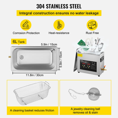 6L Upgraded Ultrasonic Cleaner (400W Heater,180W Ultrasonic) Professional Digital Lab Ultrasonic Parts Cleaner with Heater Timer for Jewelry Glasses Instruments Cleaning