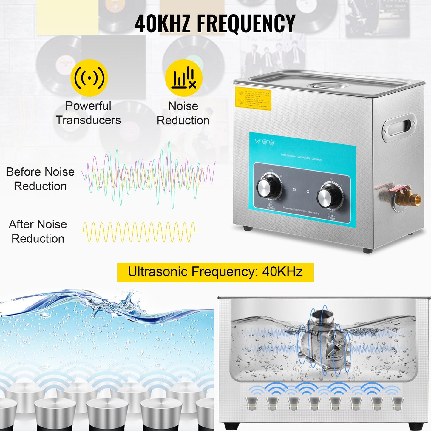 6L Ultrasonic Cleaner, 304 Stainless Steel Professional Knob Control, Ultrasonic Cleaner with Heater Timer for Jewelry Watch Glasses Circuit Board Dentures Small Parts Dental Instrument