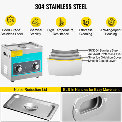 Ultraljudsrengöring med vred 3L 40kHz Ultraljudsrengöringsmaskin med vredkontroll Ultraljudsrengöring i 304 rostfritt stål med värmare och timer för rengöring av smycken, glasögon, klockor