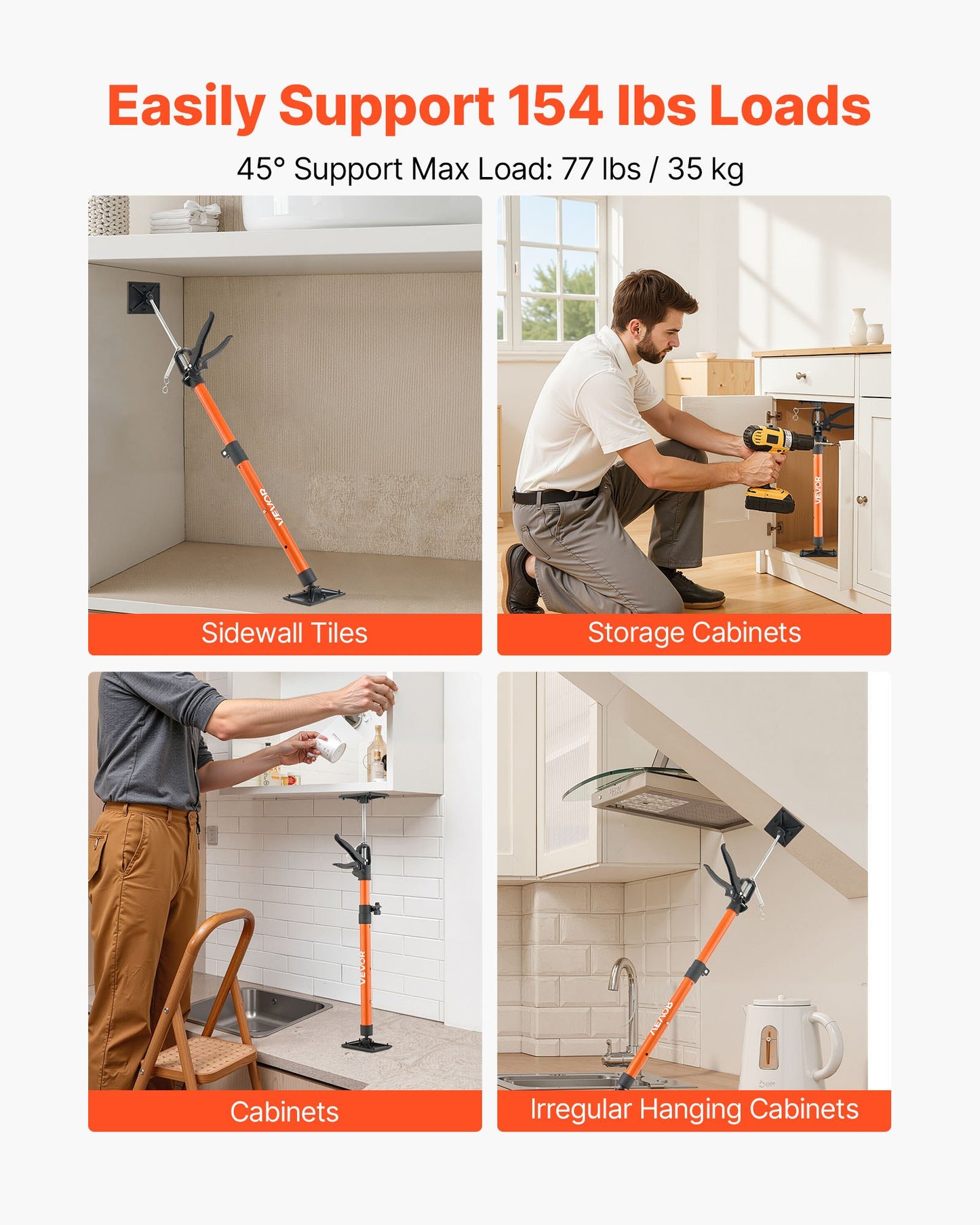 Stödstång för skåpdomkraft, 2-pack, 54-155 cm teleskopisk snabbstödstång i stål, justerbart 3:e handssystem upp till 70 kg kapacitet för installation av skåp, lyft av gipsväggar, laststänger