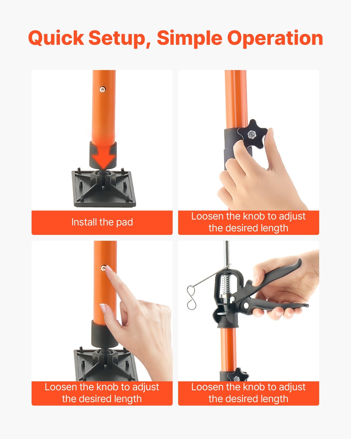 Stödstång för skåpdomkraft, 4-pack, 116-290 cm teleskopisk snabbstödstång i stål, justerbart 3:e handssystem upp till 70 kg kapacitet för installation av skåp, lyft av gipsväggar, laststänger