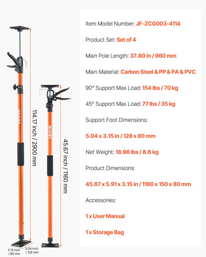 Stödstång för skåpdomkraft, 4-pack, 116-290 cm teleskopisk snabbstödstång i stål, justerbart 3:e handssystem upp till 70 kg kapacitet för installation av skåp, lyft av gipsväggar, laststänger
