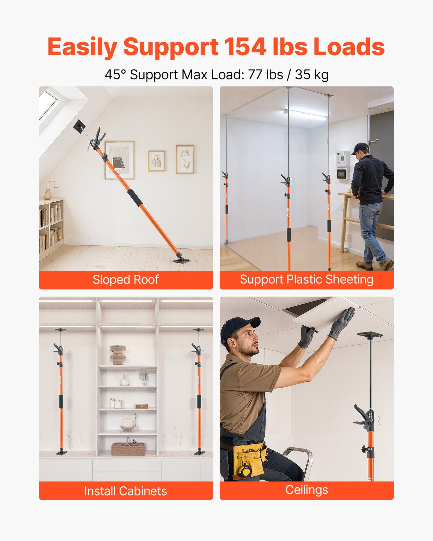 Cabinet Jack Support Pole, 8-Pack, 116-290 cm Steel Telescopic Quick Support Rod, Adjustable 3rd Hand System up to 70 kg Capacity for Installing Cabinets, Lifting Drywall, Cargo Bars