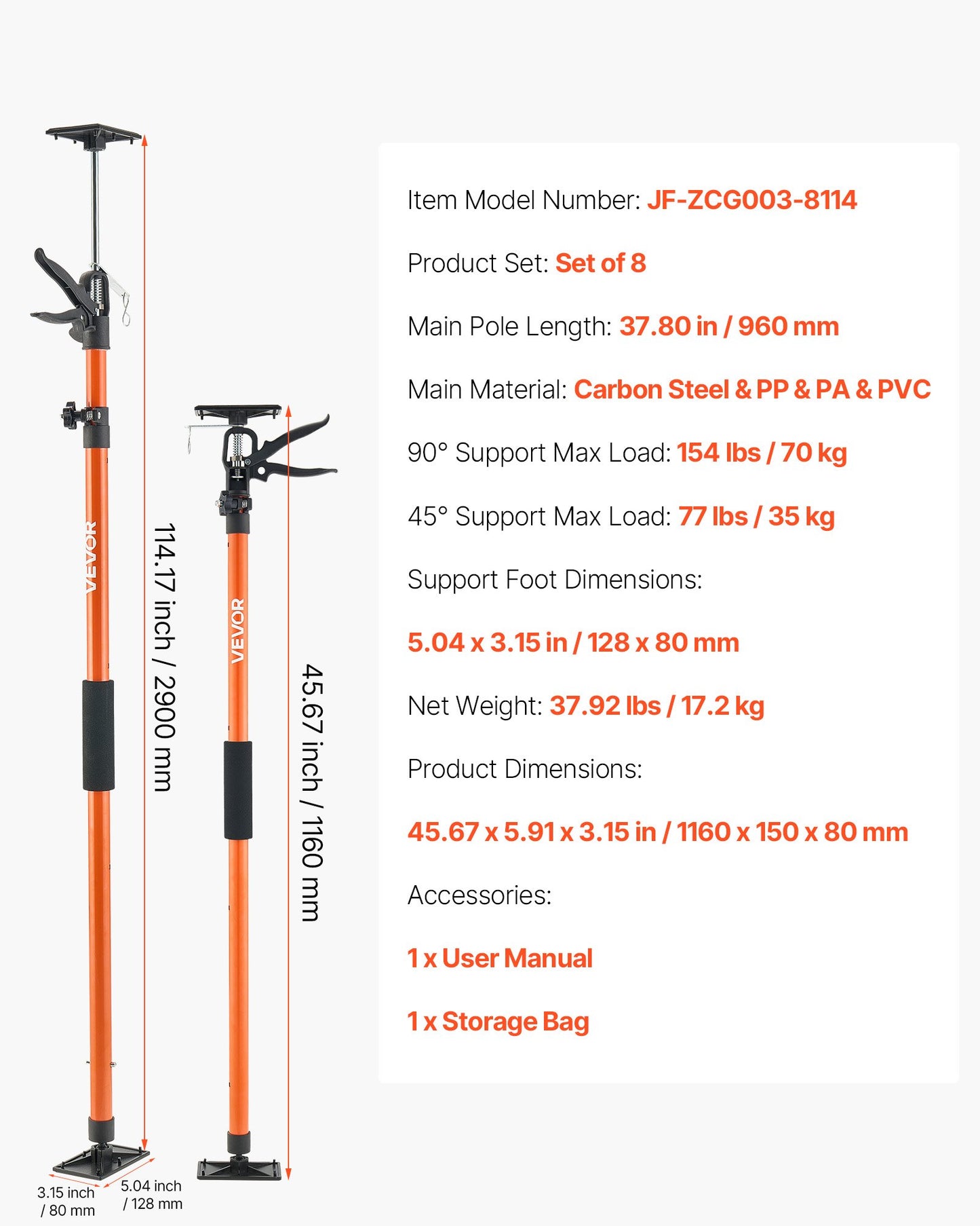 Cabinet Jack Support Pole, 8-Pack, 116-290 cm Steel Telescopic Quick Support Rod, Adjustable 3rd Hand System up to 70 kg Capacity for Installing Cabinets, Lifting Drywall, Cargo Bars