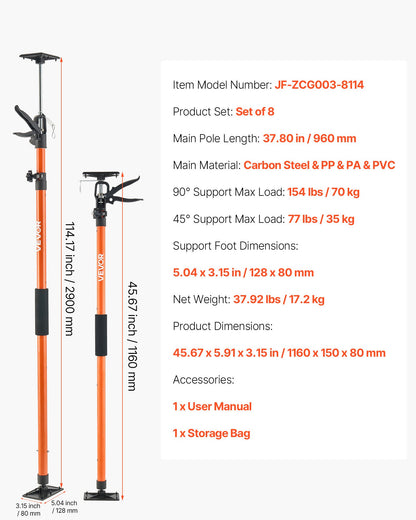 Cabinet Jack Support Pole, 8-Pack, 116-290 cm Steel Telescopic Quick Support Rod, Adjustable 3rd Hand System up to 70 kg Capacity for Installing Cabinets, Lifting Drywall, Cargo Bars