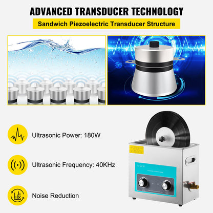 Ultrasonic Vinyl Record Cleaner 6L 40kHz Vinyl Ultrasonic Cleaning Machine Knob Control Record Ultrasonic Cleaner 8 Records Vinyl Sonic Cleaner Stainless Steel Tank with Mechanical Heater & Time