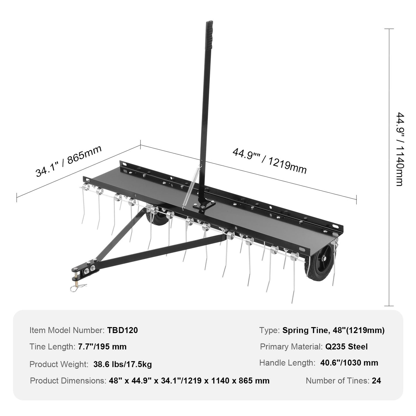 Tow Behind Dethatcher, 48-inch Tow Dethatcher with 24 Spring Steel Tines, Lawn Dethatcher Rake for ATV or Mower, Tow Behind Lawn Rake with Lift Handle for Garden Farm Grass