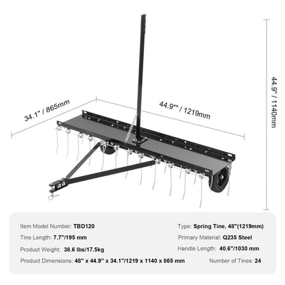 Tow Behind Dethatcher, 48-inch Tow Dethatcher with 24 Spring Steel Tines, Lawn Dethatcher Rake for ATV or Mower, Tow Behind Lawn Rake with Lift Handle for Garden Farm Grass