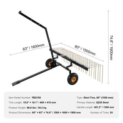 Tow Behind Dethatcher, 60-inch Tow Dethatcher with 24 Steel Tines, Lawn Dethatcher Rake for ATV or Mower, Tow Behind Lawn Rake with Lift Handle for Leaves, Pine Needles, and Grass