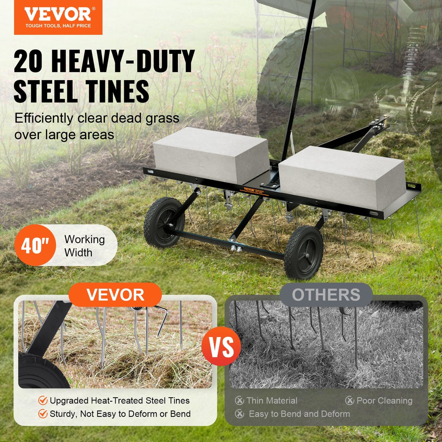 Tow Behind Dethatcher, 40-inch Tow Dethatcher with 20 Spring Steel Tines, Lawn Dethatcher Rake for ATV or Mower, Tow Behind Lawn Rake with Lift Handle for Garden Farm Grass