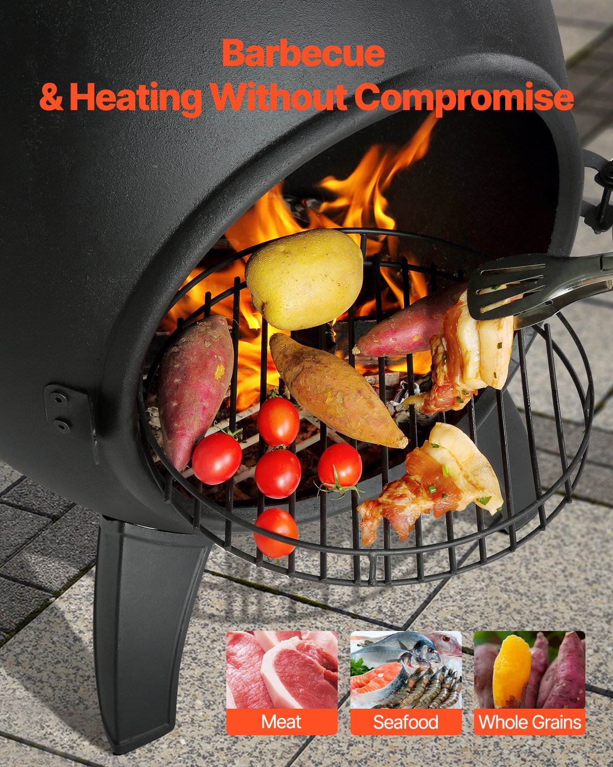 Chiminea, 18 Inch Outdoor Wood Burning Firepit, Spherical Fireplace for BBQ & Warming, Outside Wooden Fire Pit with Grill Mesh, Chimney Coat & Rustproof Chiminea Lid, for Patio, Garden, Backyard