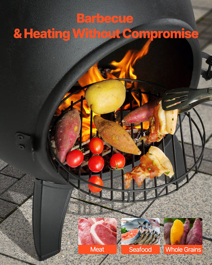 Chiminea, 18 Inch Outdoor Wood Burning Firepit, Spherical Fireplace for BBQ & Warming, Outside Wooden Fire Pit with Grill Mesh, Chimney Coat & Rustproof Chiminea Lid, for Patio, Garden, Backyard